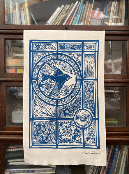 Stained glass House Martin in blue, organic cotton tea towel