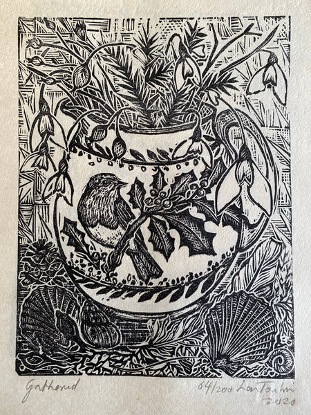 ‘Gathered’ Robin lino cut print by Lou Tonkin