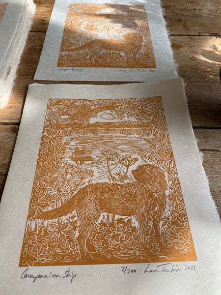 Darling Moth ‘companionship’ lino cut print by Lou Tonkin