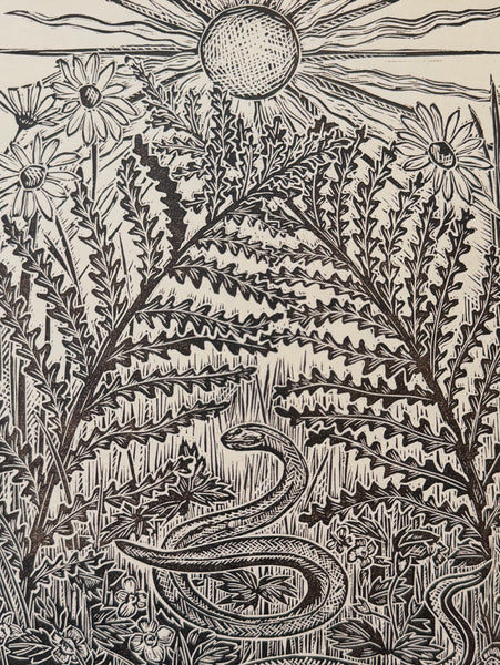 Garden dragons- a slow worm print by Lou Tonkin