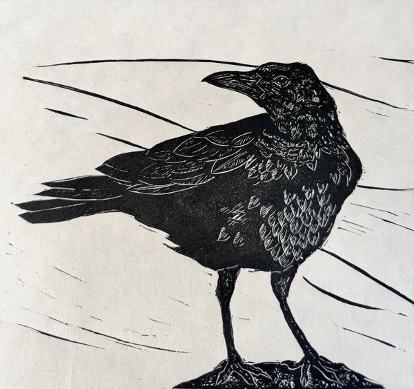 Bran du- a crow print. This is a limited edition original lino print by Lou Tonkin