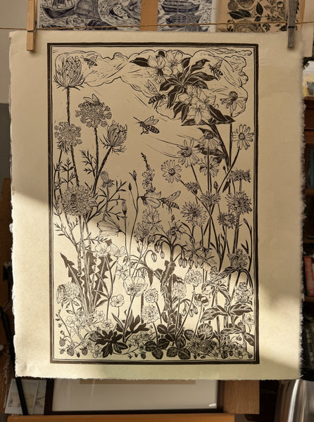 For the Bees, a limited edition lino cut print by Lou Tonkin