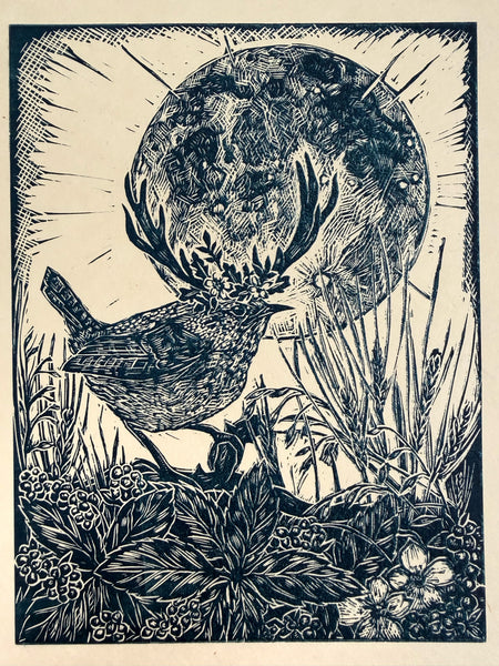 Full moon lino cut print by Lou Tonkin