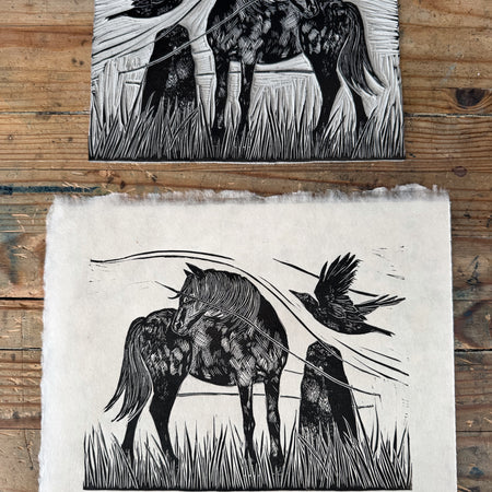 Wild Pony study 3, a limited edition lino cut print, by LouTonkin