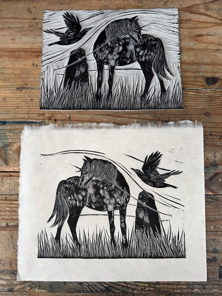 Wild Pony study 3, a limited edition lino cut print, by LouTonkin