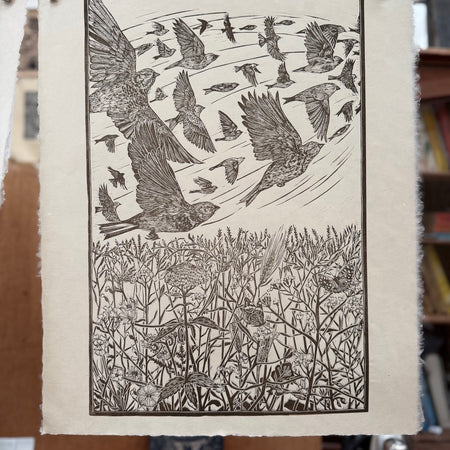 For them- a linnet print, a limited edition lino cut print by Lou Tonkin