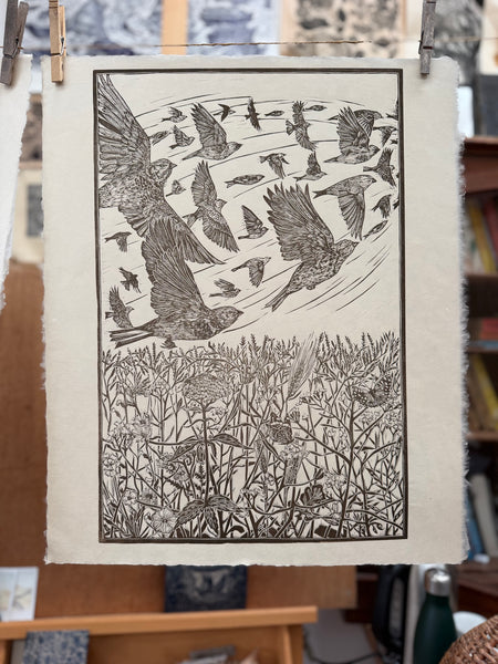 For them- a linnet print, a limited edition lino cut print by Lou Tonkin