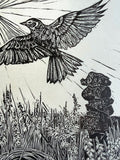 Bowerman’s Nose skylark, a lino cut print by Lou Tonkin