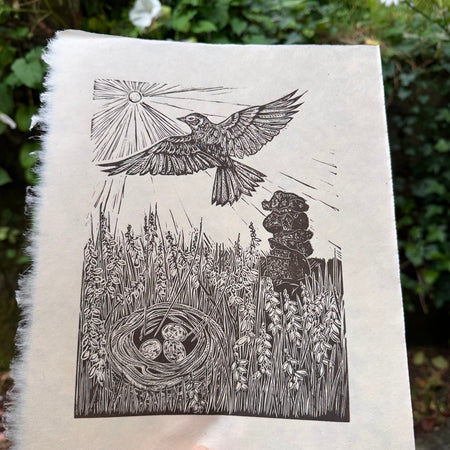 Bowerman’s Nose skylark, a lino cut print by Lou Tonkin