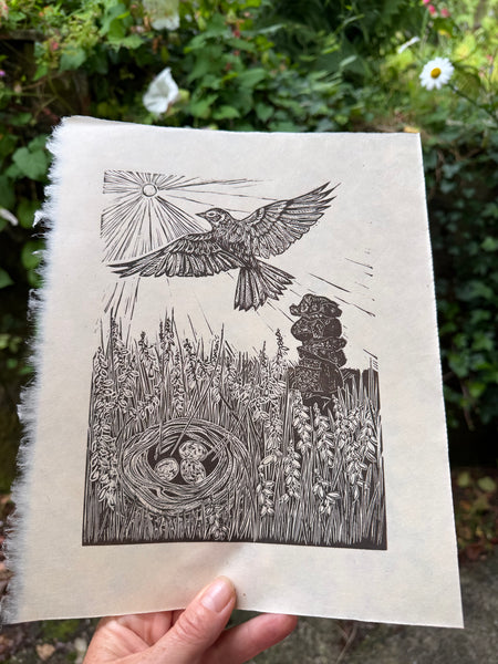 Bowerman’s Nose skylark, a lino cut print by Lou Tonkin