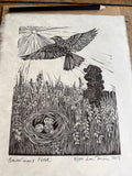 Bowerman’s Nose skylark, a lino cut print by Lou Tonkin