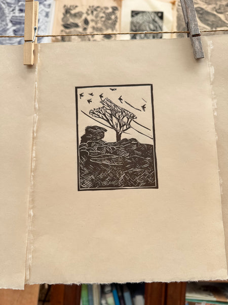 Witches tree lino cut print by Lou Tonkin