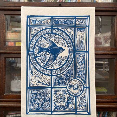 Stained glass House Martin in blue, organic cotton tea towel