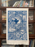 Stained glass House Martin in blue, organic cotton tea towel
