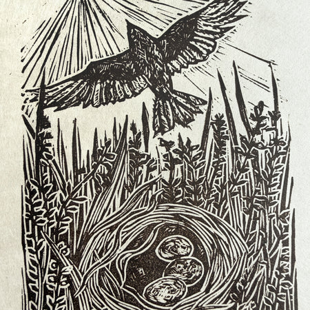 Skylark a small lino print by Lou Tonkin