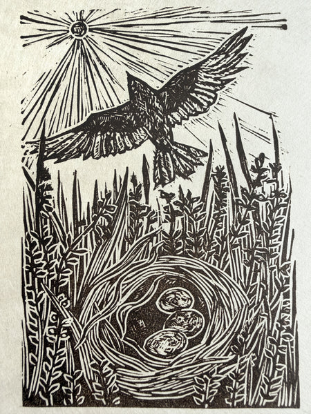 Skylark a small lino print by Lou Tonkin