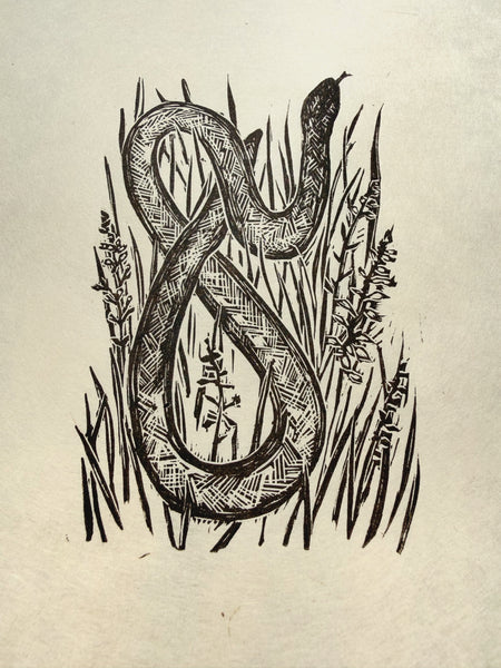 Slow worm lino cut print- Lou Tonkin