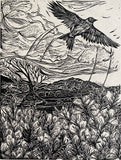 Freedom- skylark flight. Lino cut print by Lou Tonkin