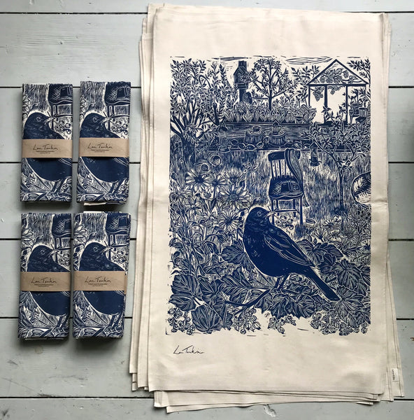 Organic cotton Blackbird Tea towel by Lou Tonkin