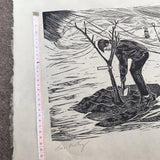 Planting trees, original limited edition lino cut print by Lou Tonkin
