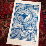 Stained glass House Martin in blue, organic cotton tea towel