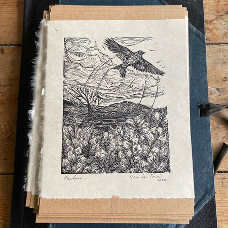 Freedom- skylark flight. Lino cut print by Lou Tonkin