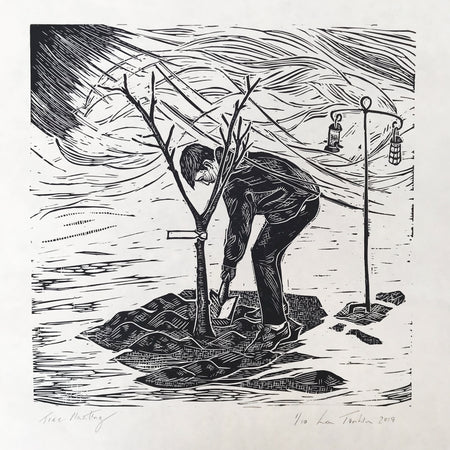 Planting trees, original limited edition lino cut print by Lou Tonkin